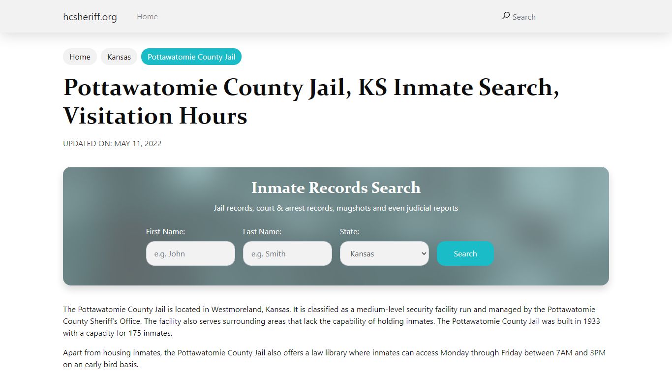 Pottawatomie County Jail, KS Inmate Search, Visitation Hours
